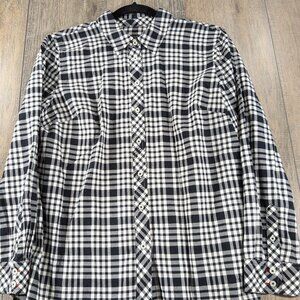 Talbots Top Womens Medium Petite Black White Tartan Plaid Button Up Long Sleeve